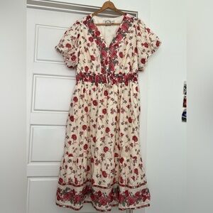 Boho Léa 100% Cotton Puff Sleeve V-Neck Dress with Red Pink Floral Print